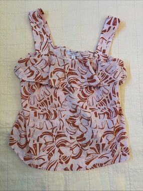 Nine West Pink Top with Rust Monstera Print and Ruffle Top